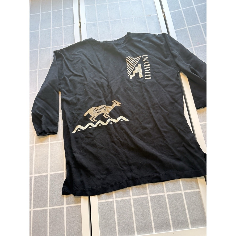 VTG 90s Whimsigoth Rayon Blouse‎ Sz L Black Southwestern Tribal Art To Wear Boxy
